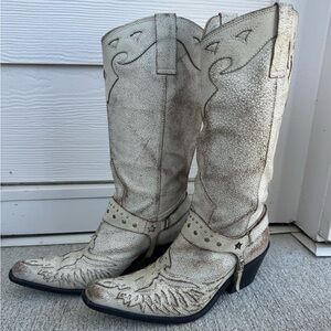 Nine West White Thunderbird Distressed  Leather Cowboy Boot